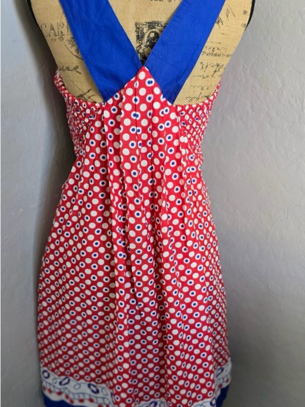 Anthropologie Red Polka Dot Mini Dress with Blue Straps Sz M - Picture 3 of 10